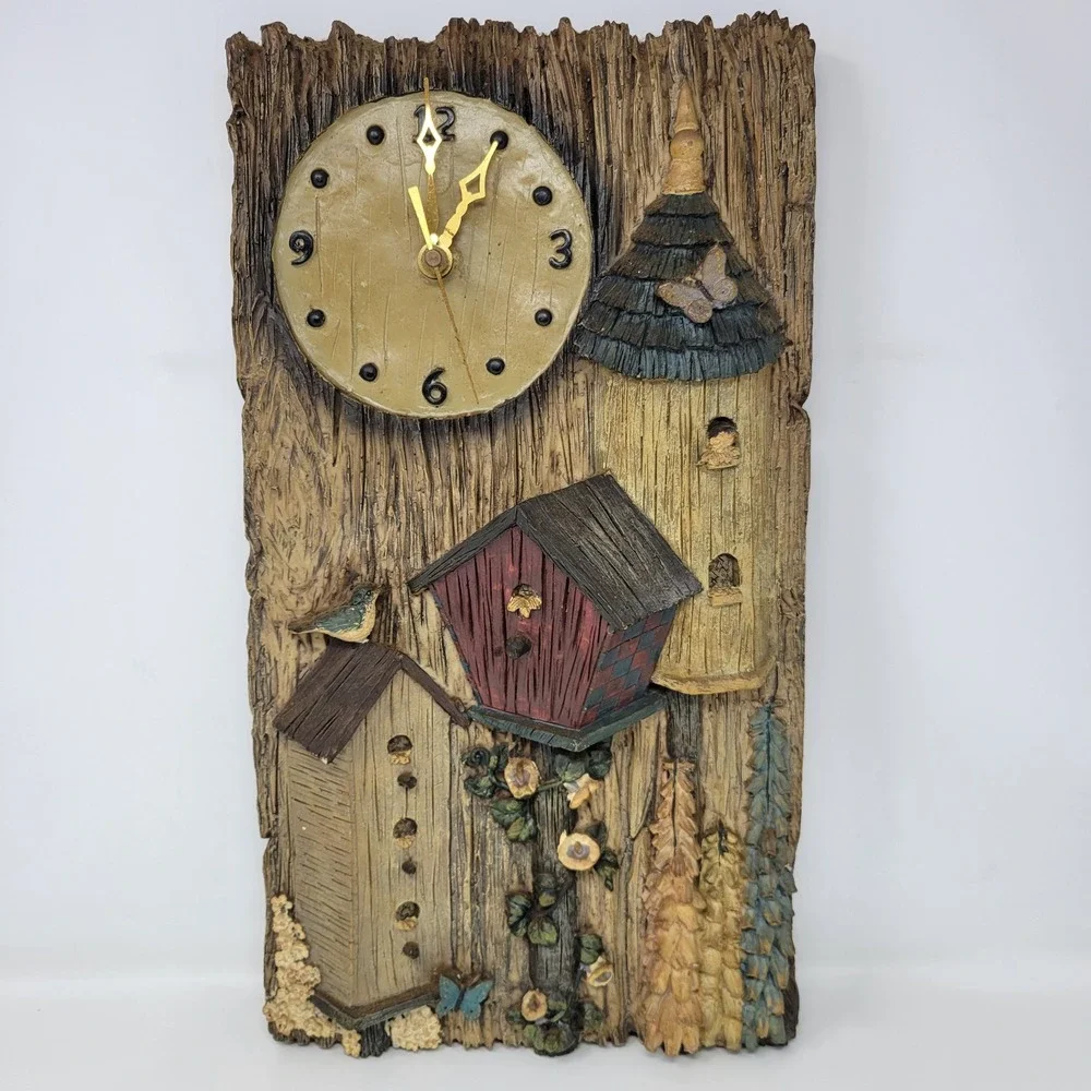 Rustic Birdhouse 3D Relief Wall Clock Faux Wood Resin Cabin Nature Decor